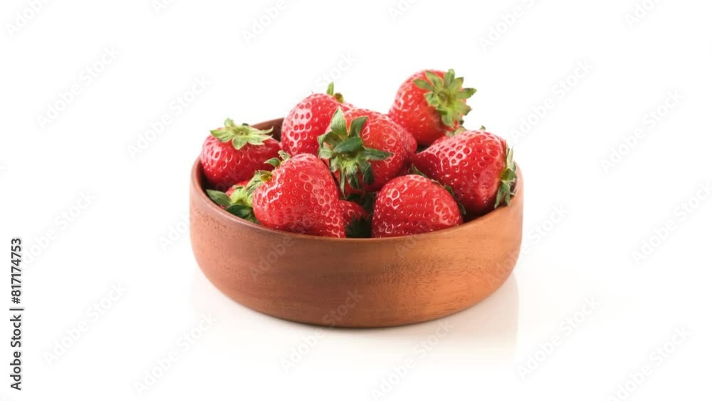 Wooden bowl with fresh red strawberry rotating on white background. Vegan and vegetarian food. Wooden bowl with fresh red strawberry rotating on white background. Vegan and vegetarian food.