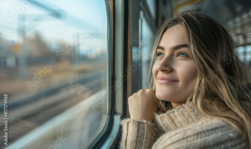 A young woman travels by train with a smile on her face  enjoying the view outside the window.