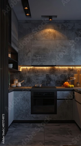 a modern kitchen, featuring an oven, a minimalist grey and white color scheme, and soft lighting, from a variety of angles to highlight its minimalist design.