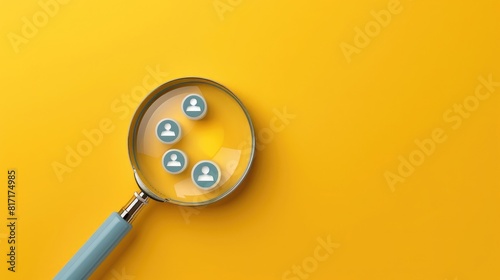 magnifying glass with icons of people on yellow background, minimalist style, simple design, top view, 3d rendering illustration, high resolution photography, high detail, 