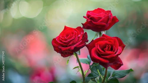 Close up of vibrant red roses set against a blurred garden backdrop This floral composition features three exquisite red roses symbolizing love perfect for conveying sentiments of Valentine