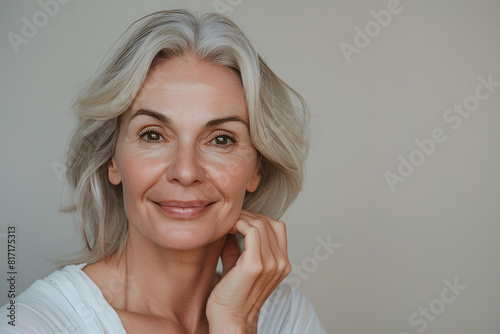 Beautiful retired woman for skincare organic products wearing no makeup and aging naturally 