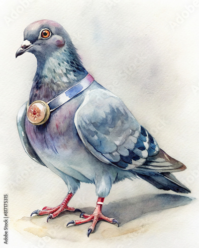 Close-up of a homing pigeon with a numbered tag attached to its leg, symbolizing its participation in a race 
