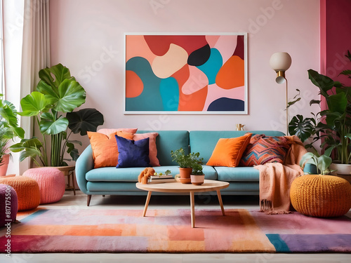 Modern and colorful interior of living room with design boucle sofa, mock-up poster, shelf, plants, decorations, and personal stuff. Home decor design.