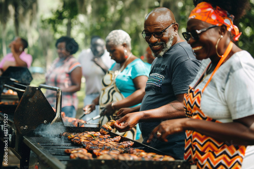 The shared laughter and camaraderie around a barbecue grill at a Juneteenth community picnic 