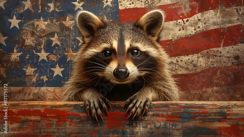 A playful raccoon peers out from behind a vintage US flag photo