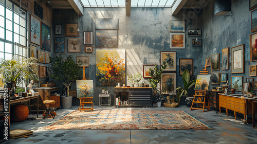 A contemporary art studio with skylights, easels, and a gallery wall  photo