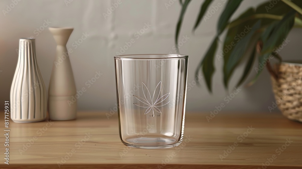 High quality close up glass mug with cannabis leaf on white background, empty space High quality close up glass mug with cannabis leaf on white background, empty space