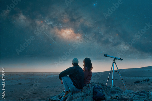 heterosexual couple sitting on top of the desert a remote locality observing in the starry sky next to a telescope
