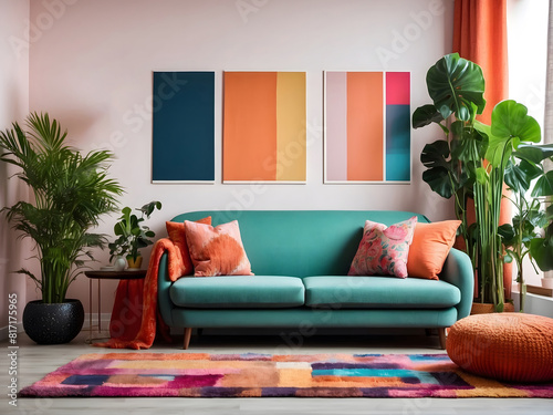 Modern and colorful interior of living room with design boucle sofa, mock-up poster, shelf, plants, decorations, and personal stuff. Home decor design.