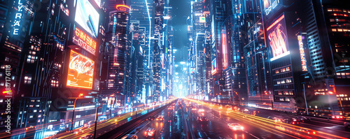 Capture a panoramic view of a futuristic cityscape boasting holographic billboards and sleek hovercars, blending digital art with surrealism and vibrant neon hues