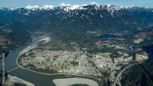 City from above with mountains