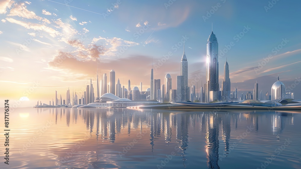 A futuristic skyline with AIpowered lighting systems and a serene waterfront Scifi, 3D rendering, bright and clean A futuristic skyline with AIpowered lighting systems and a serene waterfront Scifi, 3D rendering, bright and clean