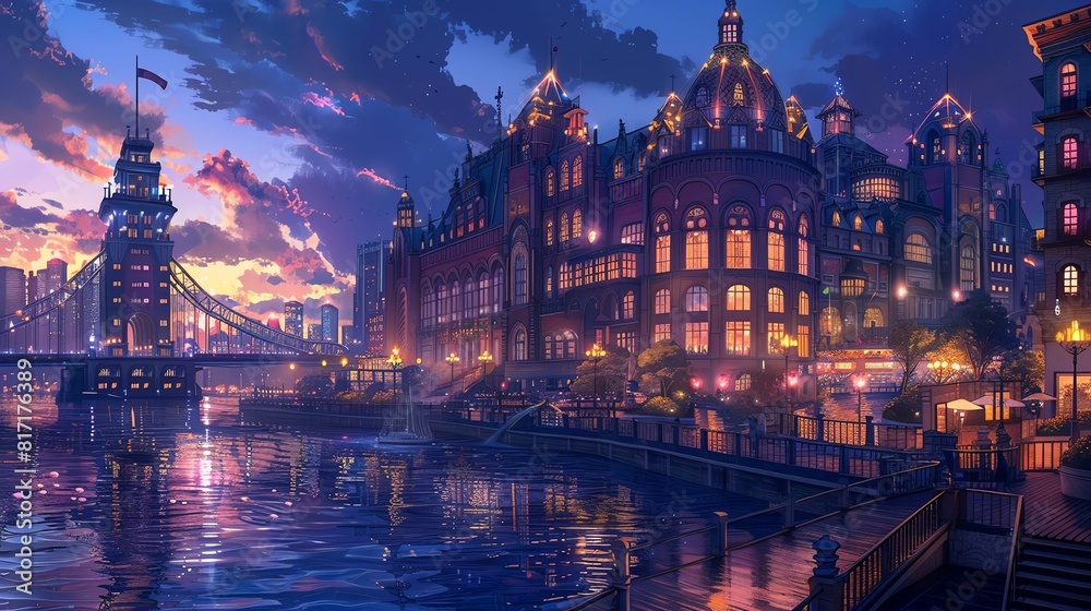 Obraz premium A majestic waterfront cityscape with grand architecture and illuminated bridges at night Fantasy, illustration, rich colors