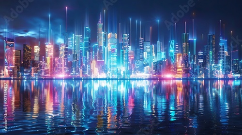 A dynamic cityscape with moving holograms and bright lights along the waterfront Hightech  illustration  bright and vibrant