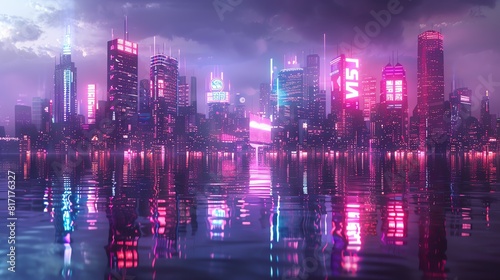 A futuristic city skyline illuminated with holographic billboards and neon lights  reflecting in the water below Cyberpunk  3D rendering  vibrant colors