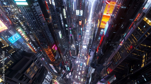 A futuristic city with multiple layers of streets and buildings, neon lights and holographic advertisements, night setting, 3D render, complex and intricate