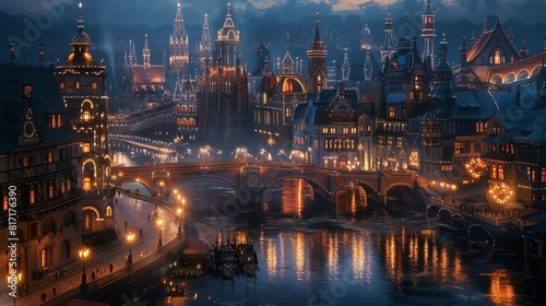 A majestic waterfront cityscape with grand architecture and illuminated bridges at night Fantasy  illustration  rich colors
