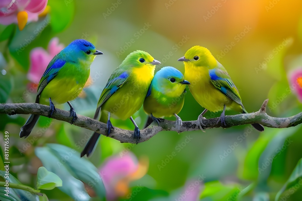 
Cute birds. Beautiful tanager Blue-naped Chlorophonia, Chlorophonia cyanea, exotic tropical green songbird from Colombia. Wildlife from South