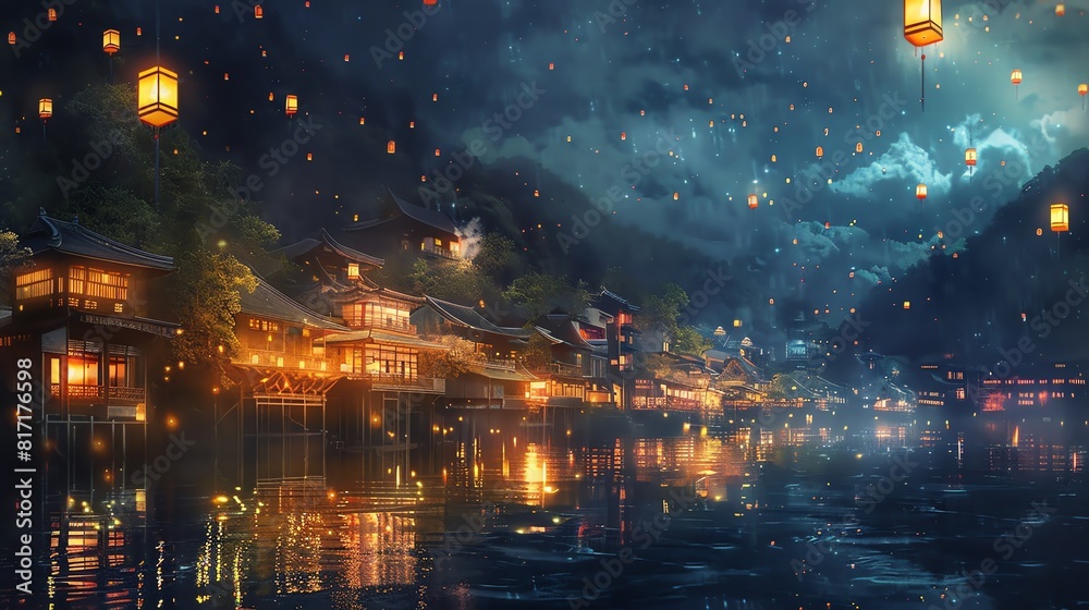 A tranquil night cityscape with glowing lanterns and a peaceful waterfront Classic, watercolor, warm colors A tranquil night cityscape with glowing lanterns and a peaceful waterfront Classic, watercolor, warm colors