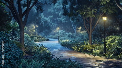 A serene city park at night with lamplit paths and lush foliage, Realism, Cool hues, Watercolor, Peaceful and detailed photo