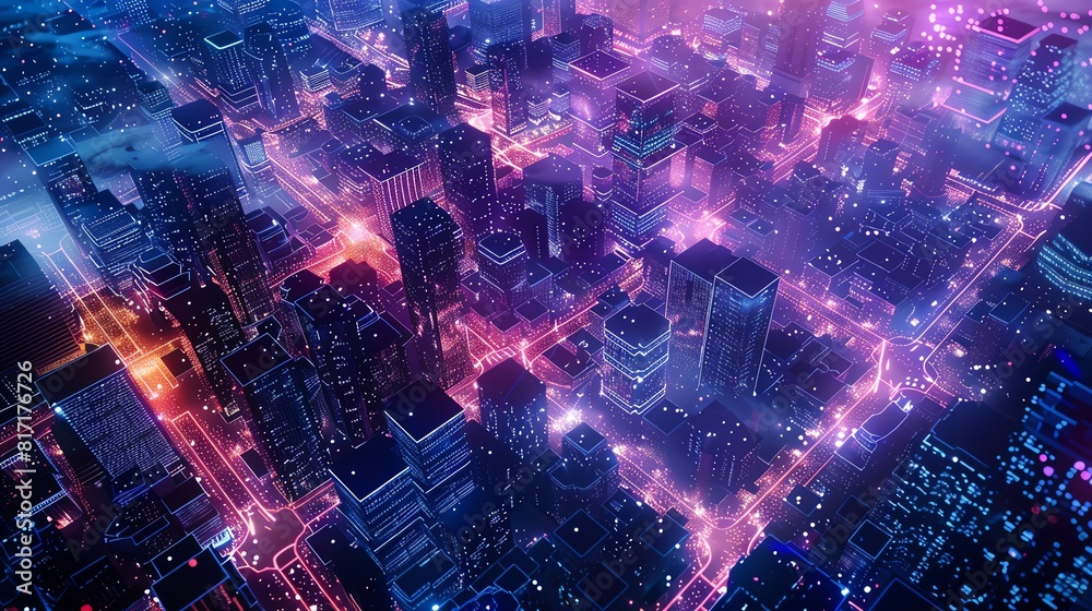 Aerial view of a city with geometric patterns of lights, deep blue and purple tones, Futuristic, 3D Rendering Aerial view of a city with geometric patterns of lights, deep blue and purple tones, Futuristic, 3D Rendering