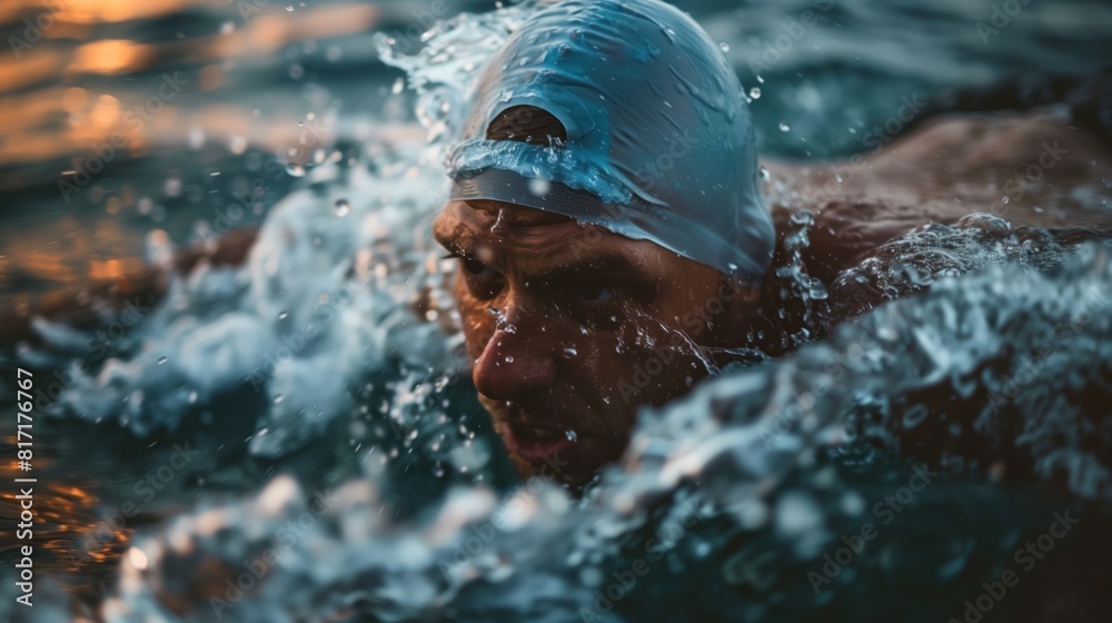 Fototapeta premium white man practicing swimming sport, person is focused and enjoying the sport, sports photography, generative ai
