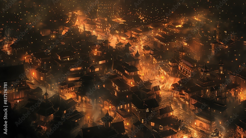 Aerial view of a historical city at night, illuminated by lanterns, Vintage, Warm colors, Sketch Aerial view of a historical city at night, illuminated by lanterns, Vintage, Warm colors, Sketch