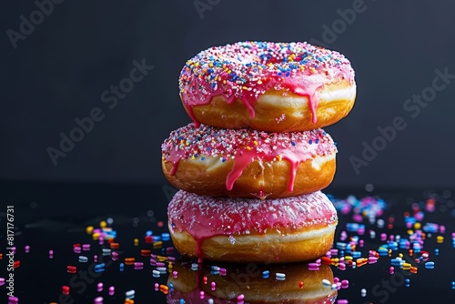 Luscious fried dough donuts on black background photo