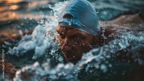 white man practicing swimming sport  person is focused and enjoying the sport  sports photography  generative ai