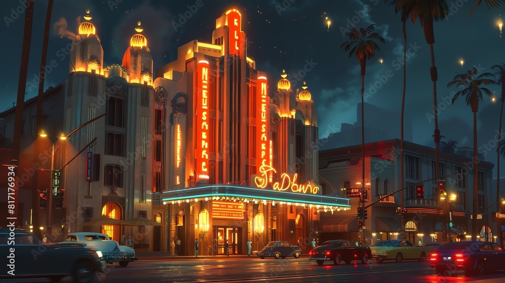 City at night with art deco architecture and glowing signage, Night, Art deco, Warm hues, Illustration, Glamorous style