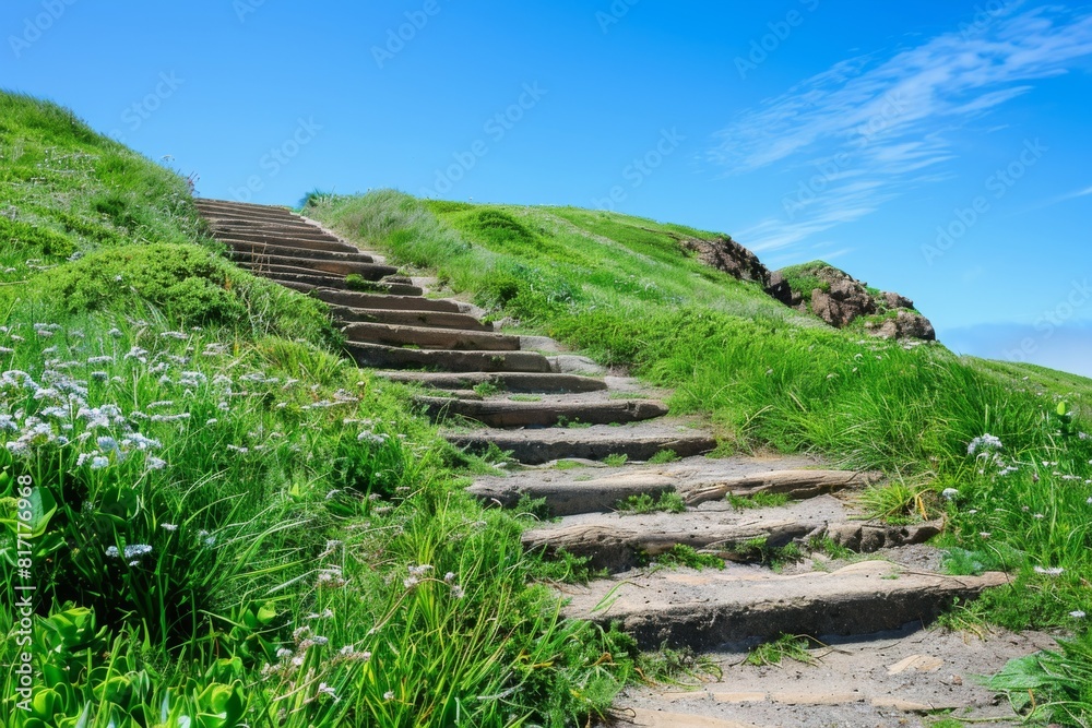 Natural Stone Staircase Ascending Lush Green Hill Against Clear Blue Sky Natural Stone Staircase Ascending Lush Green Hill Against Clear Blue Sky