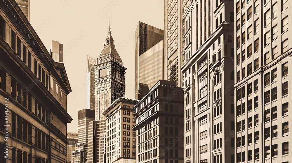City skyline featuring a historic building next to a modern skyscraper, Urban, Sepia tones, Illustration, Contrast in architectural styles City skyline featuring a historic building next to a modern skyscraper, Urban, Sepia tones, Illustration, Contrast in architectural styles