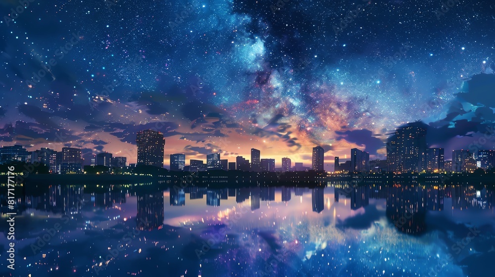 City skyline reflected in a tranquil river under the starry night sky, Realism, Cool tones, Oil painting, Serene and detailed City skyline reflected in a tranquil river under the starry night sky, Realism, Cool tones, Oil painting, Serene and detailed