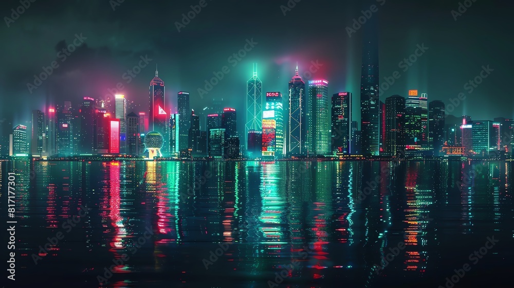 Fototapeta premium City skyline with futuristic architecture, glowing neon lights, dark sky, reflections in the water, photorealistic style, high contrast and vibrant