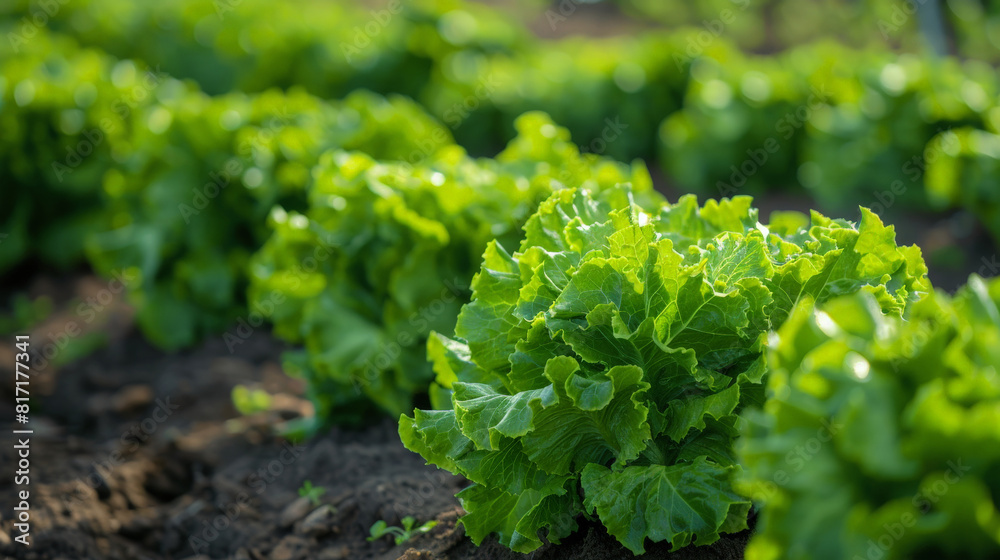 Healthy green lettuce plants are thriving in a vast field, showing vibrant foliage and signs of growth Healthy green lettuce plants are thriving in a vast field, showing vibrant foliage and signs of growth