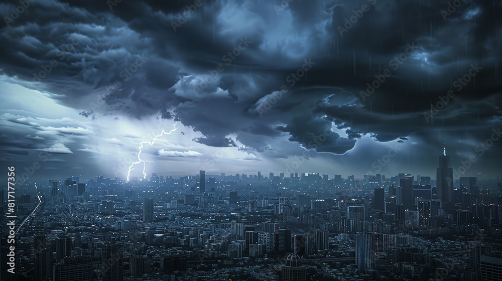 City skyline with stormy clouds and lightning, intense and dramatic, realism, high detail City skyline with stormy clouds and lightning, intense and dramatic, realism, high detail