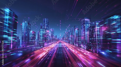 City skyline with illuminated skyscrapers and light trails blending into a galaxy backdrop  Scifi  Dark blue and purple  Digital art  Surreal
