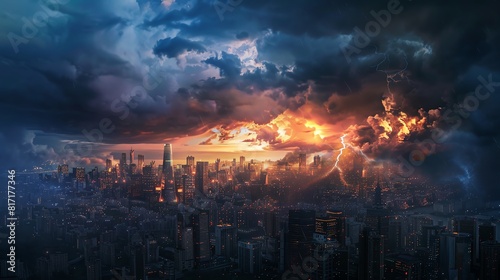 City skyline with stormy clouds and lightning  intense and dramatic  realism  high detail