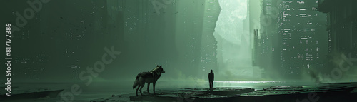 Capture the haunting beauty of a lone wolf traversing a crumbling metropolis in a dystopian setting Experiment with dark shadows and neon accents to create a futuristic yet organic