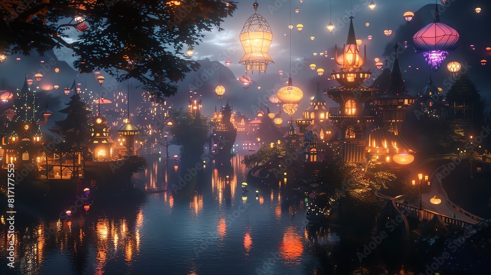 Enchanted city with magical lights and floating islands, Night, Fantasy, Bright hues, 3D rendering, Mystical ambiance Enchanted city with magical lights and floating islands, Night, Fantasy, Bright hues, 3D rendering, Mystical ambiance