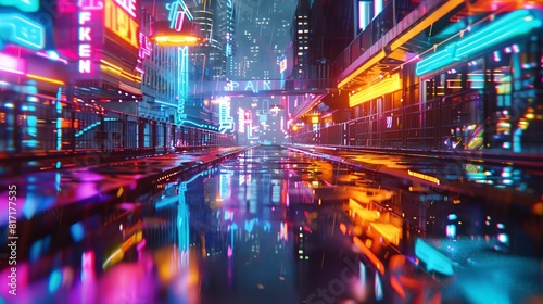 Cyberpunkinspired cityscape with neon signs and a rainy waterfront  reflections creating a mirrored effect Cyberpunk  3D rendering  vibrant neon