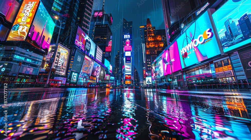 Futuristic skyline with holographic billboards, neon lights reflecting on wet streets, Cyberpunk, Nighttime, Digital art