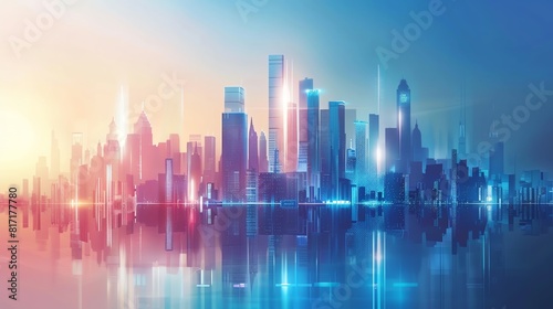 Futuristic urban skyline with digital holograms  advanced technology  bright and clean  vector art