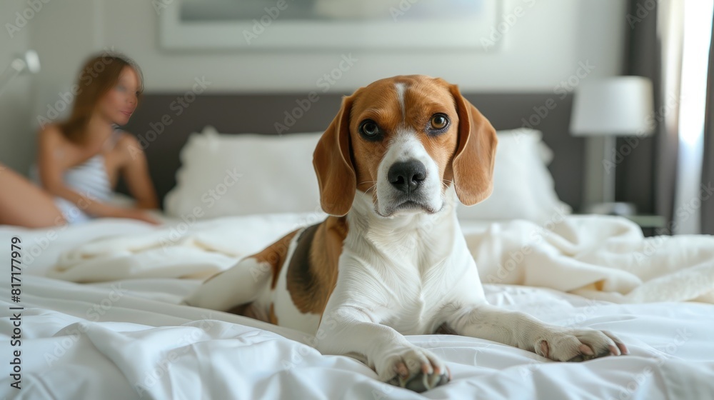Peaceful Paws: Beagle Resting on White Bed With Distant Woman Peaceful Paws: Beagle Resting on White Bed With Distant Woman