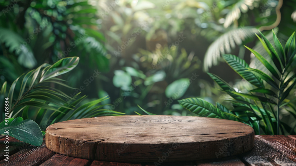 A wooden table stands amidst lush green foliage in the jungle environment