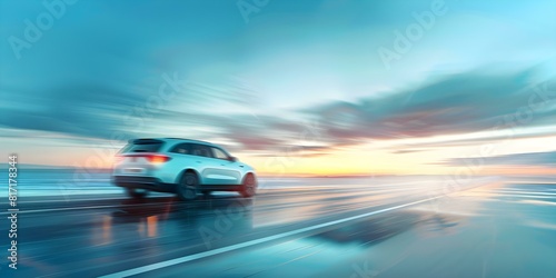 Blurry sunset background with a modern SUV on a coastal concrete road. Concept Sunset Photoshoot  Blurry Background  Modern SUV  Coastal Road  Concrete Setting