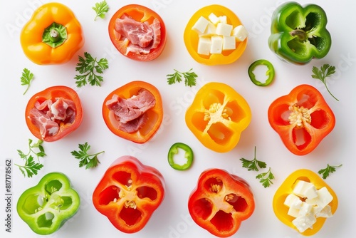Colorful peppers halved on white surface for finger food recipe