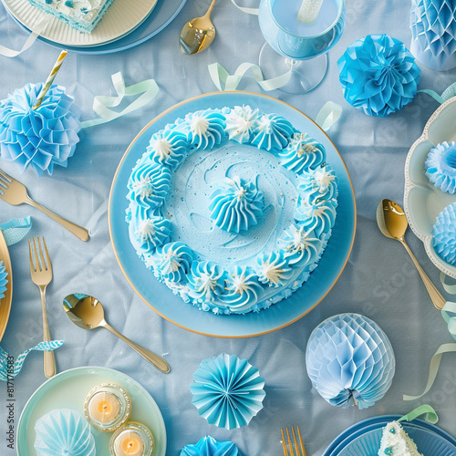 Flat lay of party table with light blue cake and decorations