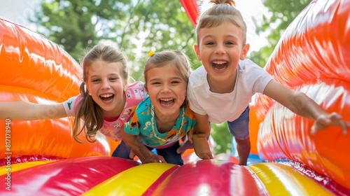 Happy kids playing on the inflatable bounce. 